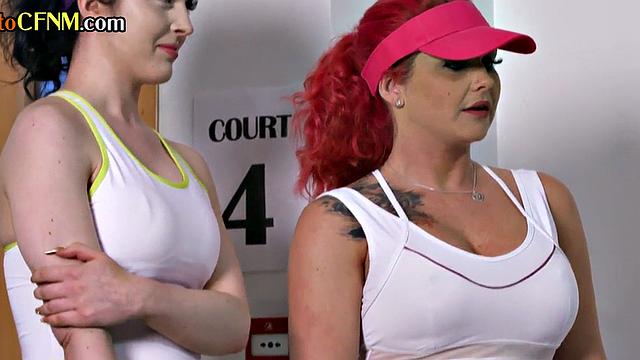 CFNM tennis babes jerk coach in 4some after practice