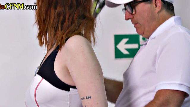 CFNM tennis babes jerk coach in 4some after practice