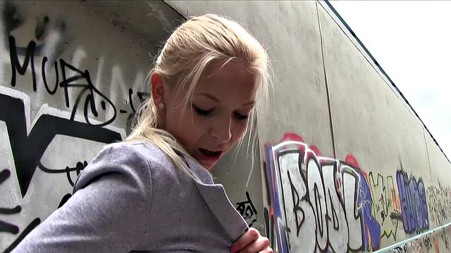 Big-titted blonde gets her tight pussy pounded in public by a lucky dude