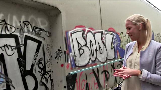 Big-titted blonde gets her tight pussy pounded in public by a lucky dude