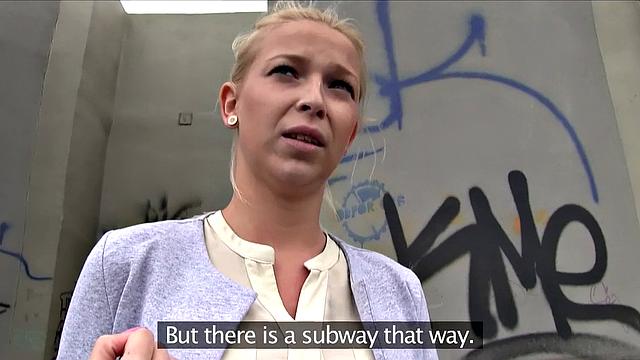 Big-titted blonde gets her tight pussy pounded in public by a lucky dude