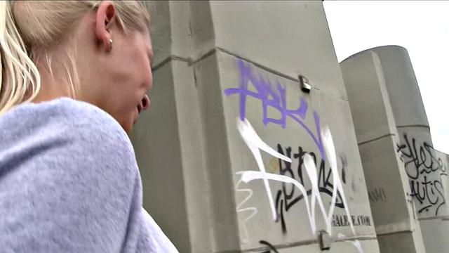 Big-titted blonde gets her tight pussy pounded in public by a lucky dude