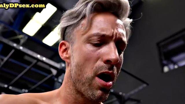 DP loving babe swallows load in gym 3way after anal