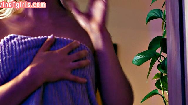 Lustful bigtitted Tgirl catches GF playing with toy and gets fucked