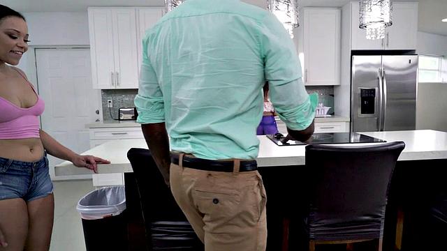 Petite stepsister with tattoos gets down and dirty in kinky threesome with ebony and petite guys