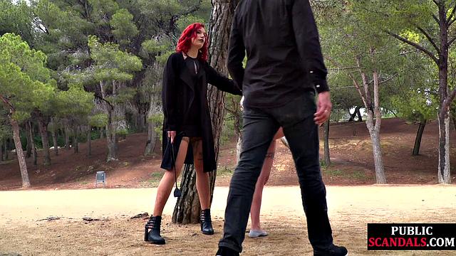 Cute bonded babe dominated outside