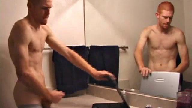 In this solo scene, young Tristian beats off in the bathroom to porn on a laptop, releasing all over mirror and counter top.