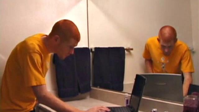 In this solo scene, young Tristian beats off in the bathroom to porn on a laptop, releasing all over mirror and counter top.