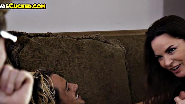 Cuckold hubby enjoys his busty MILF bang her lover and suck