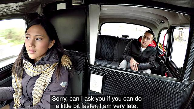 Asian babe in stockings takes it hard in the cab, riding cowgirl and getting her bald pussy licked