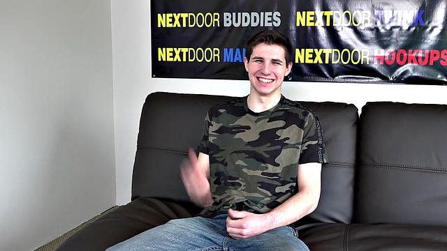 Athletic teen tugs his shaved dong at audition