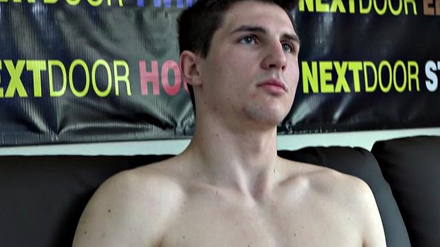 Athletic teen tugs his shaved dong at audition