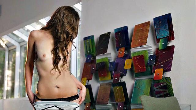 Naughty solo play with a bald-haired babe in a tiny nightie