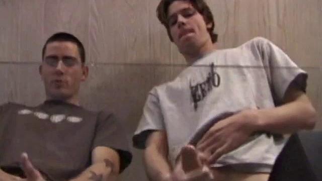 In this jerk off scene, Dan and Jayden get naked and stroke over a glass table. The camera is positioned underneath the glass, capturing jacking action and cum that shoots from their pulsating cocks.