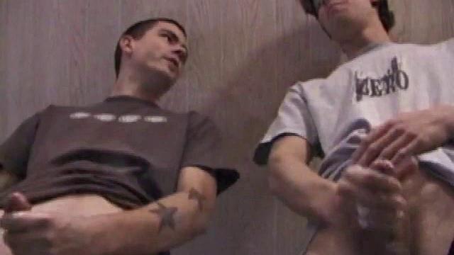 In this jerk off scene, Dan and Jayden get naked and stroke over a glass table. The camera is positioned underneath the glass, capturing jacking action and cum that shoots from their pulsating cocks.