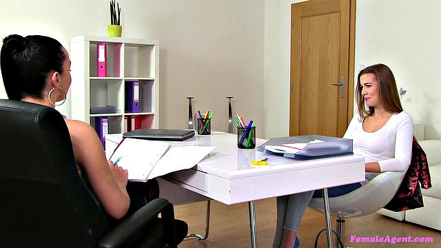 Czech babe licks agent's pussy in stockings & high heels