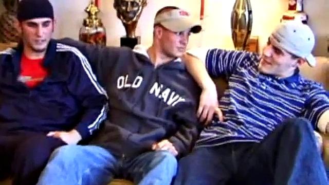 Lukas, Kenny and Timmy are hanging out and decide to explore each other in a threesome. Kenny slides to his knees to blow Lukas, while Timmy watches and rubs his cock head.