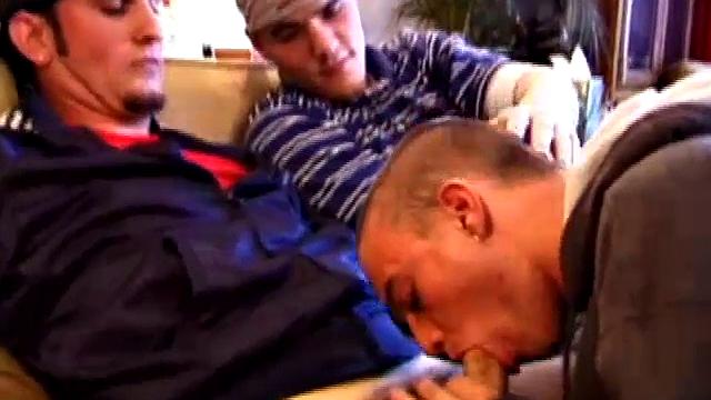 Lukas, Kenny and Timmy are hanging out and decide to explore each other in a threesome. Kenny slides to his knees to blow Lukas, while Timmy watches and rubs his cock head.