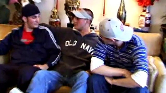 Lukas, Kenny and Timmy are hanging out and decide to explore each other in a threesome. Kenny slides to his knees to blow Lukas, while Timmy watches and rubs his cock head.