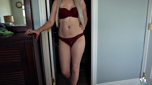 Cute Blonde In Red Lingerie Gets Fucked On The Bed