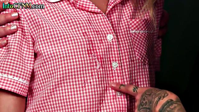 Horny CFNM babes give blowjob to dude