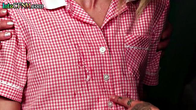 Horny CFNM babes give blowjob to dude