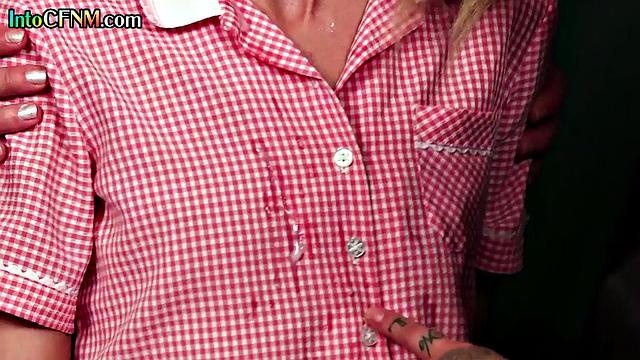 Horny CFNM babes give blowjob to dude