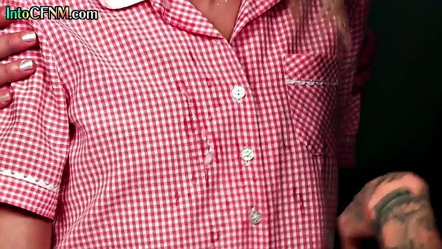 Horny CFNM babes give blowjob to dude