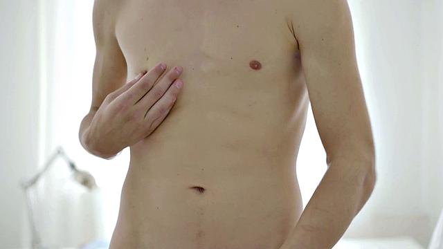 Slim stud jerking thick cock after teasing his body