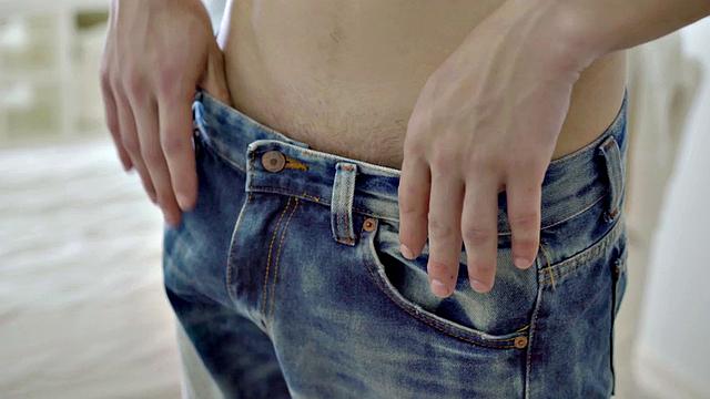 Slim stud jerking thick cock after teasing his body