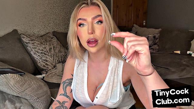 Stockings femdom degrades tiny dick