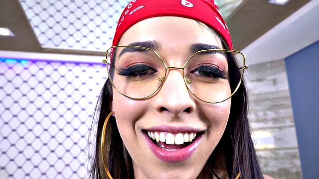 Hot Brunette with glasses teases her thick cock in a solo tugging session