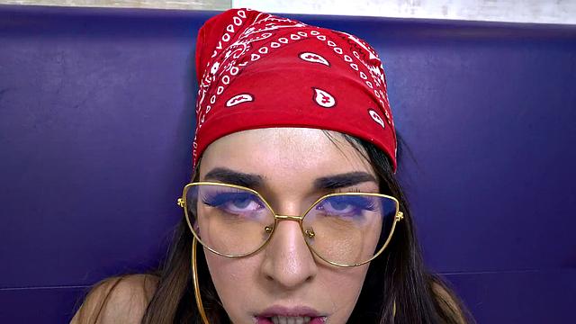 Hot Brunette with glasses teases her thick cock in a solo tugging session