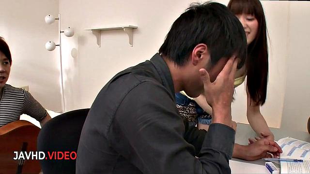 Moe Sakura gives a first blowjob and fucks two guys