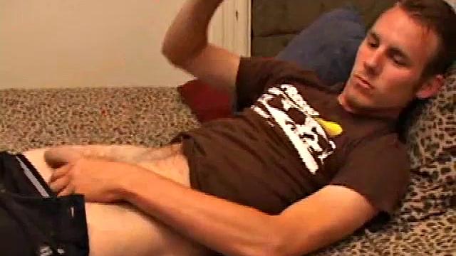 After stripping off clothes, Bullet gets to work on his stiffening cock. He strokes long and hard and in no time the boy explodes onto his hairy stomach. Then he scoops up warm cum and licks fingers clean.