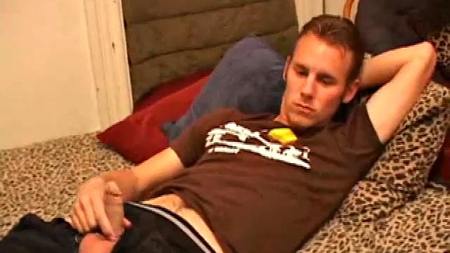 After stripping off clothes, Bullet gets to work on his stiffening cock. He strokes long and hard and in no time the boy explodes onto his hairy stomach. Then he scoops up warm cum and licks fingers clean.