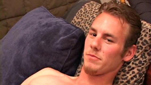 After stripping off clothes, Bullet gets to work on his stiffening cock. He strokes long and hard and in no time the boy explodes onto his hairy stomach. Then he scoops up warm cum and licks fingers clean.