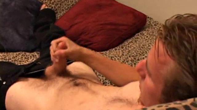 After stripping off clothes, Bullet gets to work on his stiffening cock. He strokes long and hard and in no time the boy explodes onto his hairy stomach. Then he scoops up warm cum and licks fingers clean.