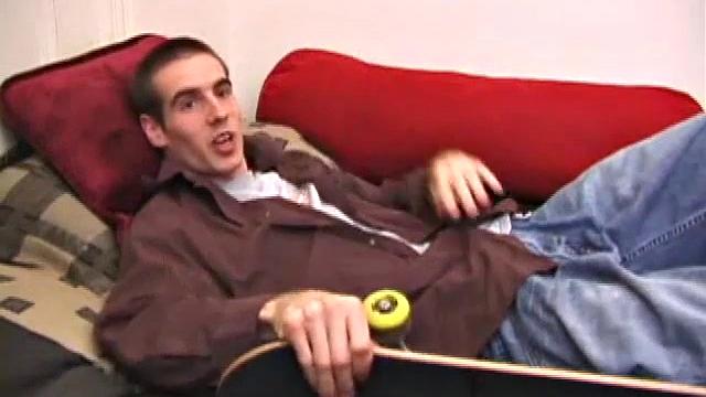 Just back from skateboarding, James wants to squeeze one out so he turns on a porn video and begins working his huge cock, with a Prince Albert piercing. Some lube helps the process and soon his dick is stiff and ready.