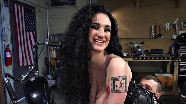Leather biker femdom pegging sub
