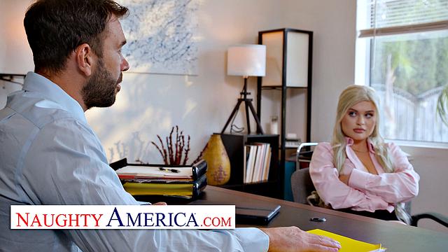 Busty blonde London Laurent fucks her boss's big cock to keep her job