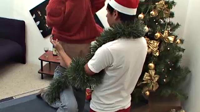Samuel and Damian decorate tree then spread Christmas cheer, Naked on sofa Damian enjoys warm and moist lips of Samuel.