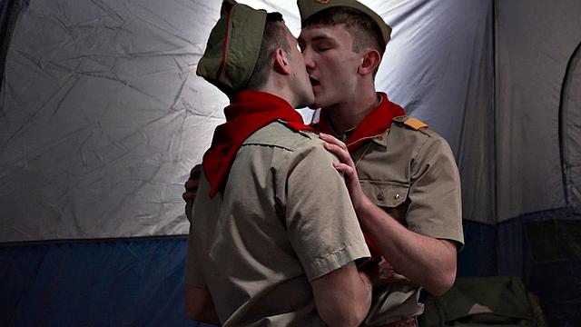 Newbie scout 3some in outdoor tent