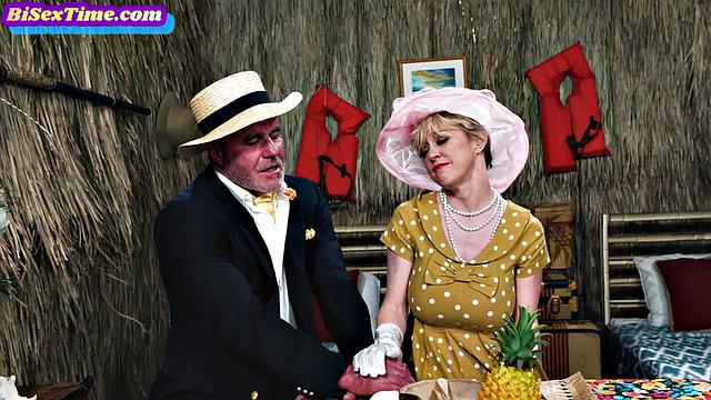 Cosplay threeway with busty mature