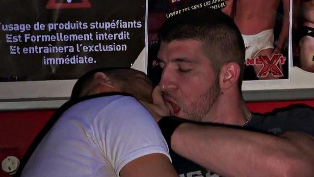Amateur handsome jock fucks cocksucking bottom in club