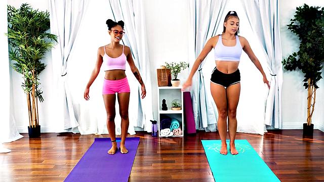 Ebony yoga stretches before scissoring