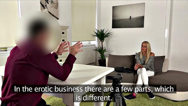 Blonde with a bald pussy craves for a modeling gig & gets a creampie in doggystyle