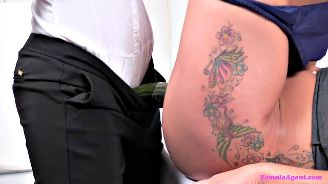 Agent nails tattooed babe with strap-on in office