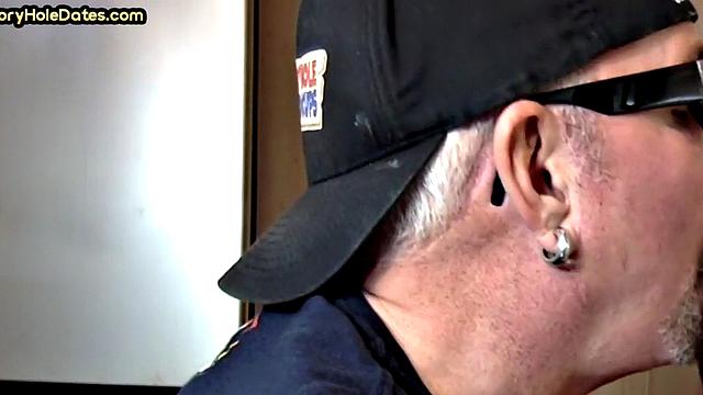 Gloryhole homemade DILF sucks cock in closeup from home