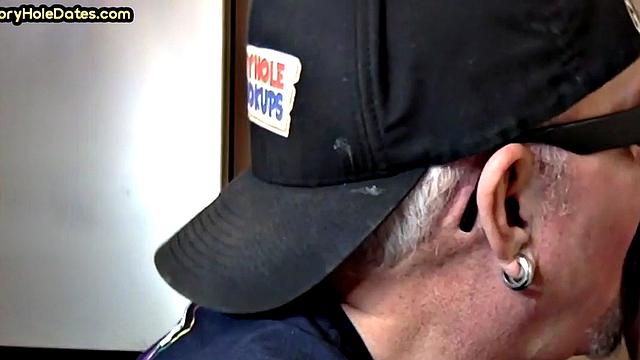 Gloryhole homemade DILF sucks cock in closeup from home